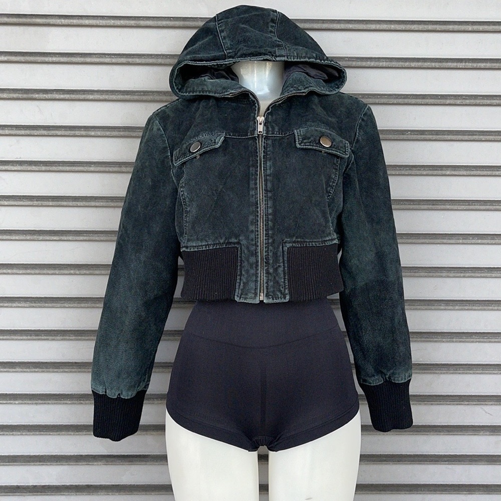 Vintage Y2K Last Kiss Black Genuine Leather Cropped Hooded Bomber Jacket XL
